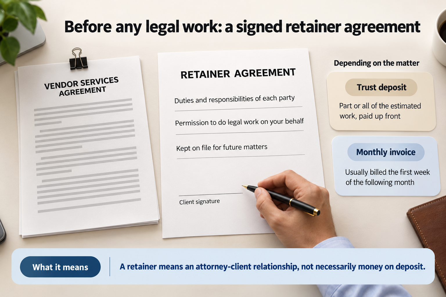 A one-page retainer agreement beside a vendor services agreement, listing the duties and responsibilities of each party, permission to do legal work on the client's behalf, and that it is kept on file for future matters, with notes that payment is either a trust deposit up front or a monthly invoice